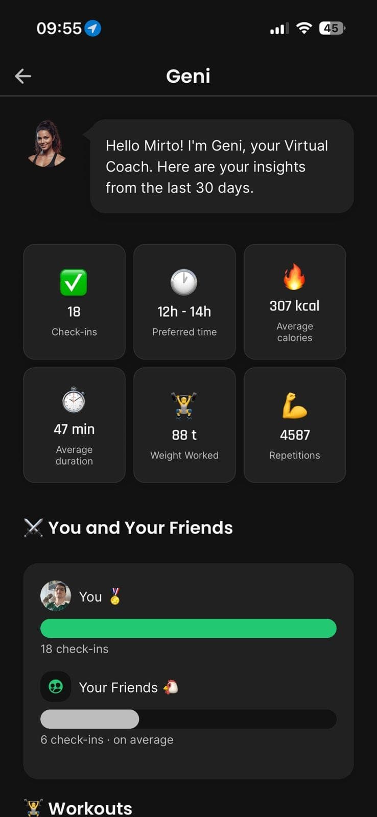 Check-in calendar showing workout consistency