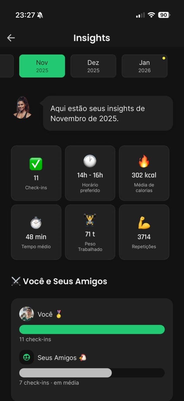 Calendário de check-ins mostrando consistência nos treinos
